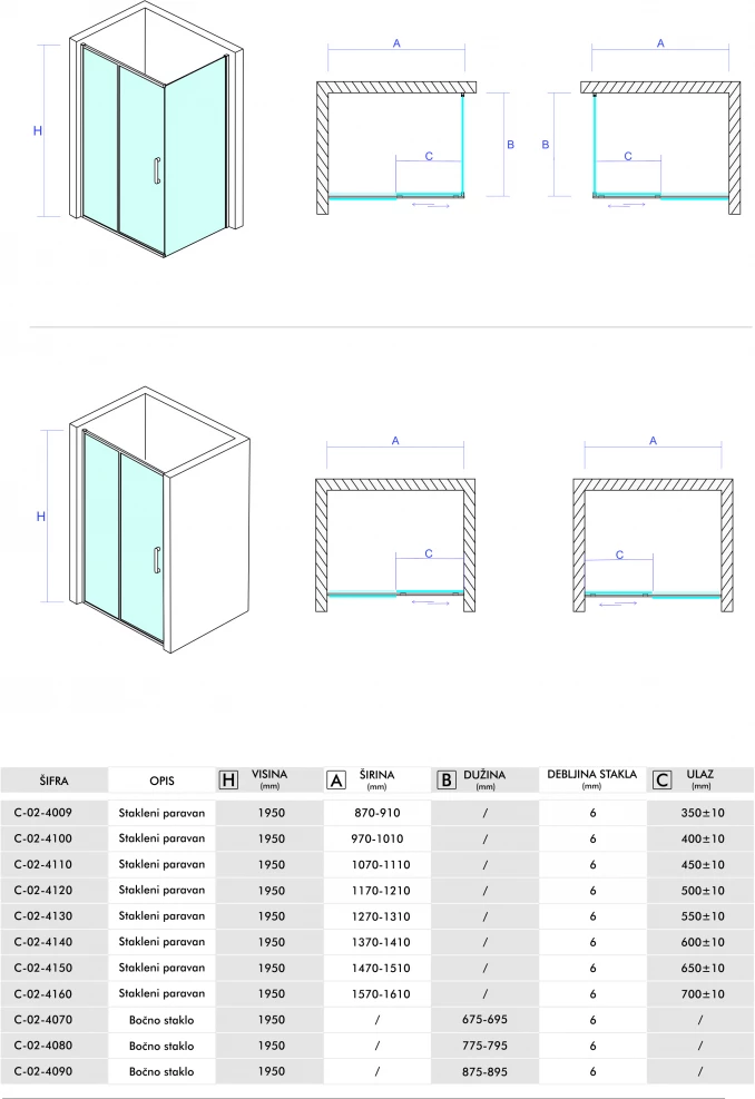 Stakleni paravan 160x195. 6mm C-02-4160