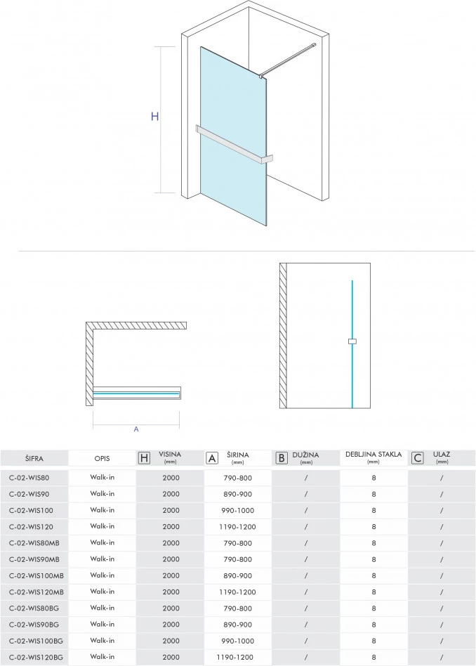 Walk-in COPEN MONTE SUPERIORE 800x2000 8mm. polica i držac brušeno zlato C-02-WIS80BG